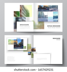 Vector layout of two covers templates for square design bifold brochure, flyer, magazine, cover design, book design, brochure cover. Abstract project with clipping mask green squares for your photo.