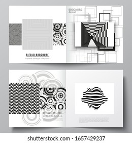 The vector layout of two covers templates for square design bifold brochure, magazine, flyer, booklet. Trendy geometric abstract background in minimalistic flat style with dynamic composition.