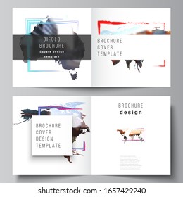 Vector layout of two covers templates for square bifold brochure, flyer, cover design, book design, brochure cover. Design template in the form of world maps and colored frames, insert your photo.