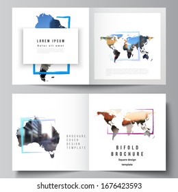 Vector layout of two covers templates for square bifold brochure, flyer, cover design, book design, brochure cover. Design template in the form of world maps and colored frames, insert your photo.