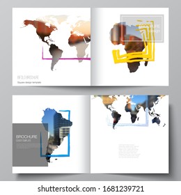 Vector layout of two covers templates for square bifold brochure, flyer, cover design, book design, brochure cover. Design template in the form of world maps and colored frames, insert your photo.