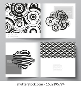 The vector layout of two covers templates for square design bifold brochure, magazine, flyer, booklet. Trendy geometric abstract background in minimalistic flat style with dynamic composition.