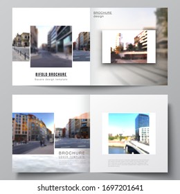 Vector layout of two covers templates for square design bifold brochure, flyer, cover design, book design, brochure cover. Abstract halftone effect decoration with dots. Dotted pattern decoration.