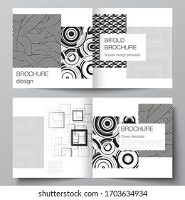 The vector layout of two covers templates for square design bifold brochure, magazine, flyer, booklet. Trendy geometric abstract background in minimalistic flat style with dynamic composition.