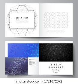 Vector layout of two covers templates for square design bifold brochure, flyer. Digital technology and big data concept with hexagons, connecting dots and lines, polygonal science medical background.
