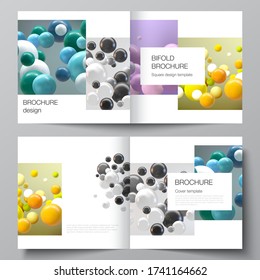 Vector layout of two covers templates for square bifold brochure, flyer, magazine, cover design, book design. Abstract vector futuristic background with colorful 3d spheres, glossy bubbles, balls.