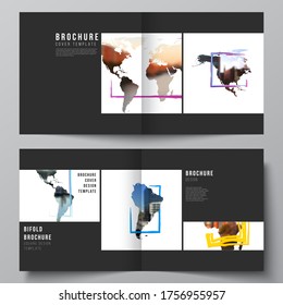 Vector layout of two covers templates for square bifold brochure, flyer, cover design, book design, brochure cover. Design template in the form of world maps and colored frames, insert your photo.