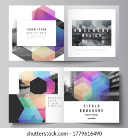 Vector layout of two covers templates with colorful hexagons, geometric shapes, tech background for square design bifold brochure, flyer, magazine, cover design, book design, brochure cover.