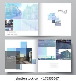 Vector layout of two covers templates for square bifold brochure, flyer, magazine, cover design, book design, brochure cover. Abstract design project in geometric style with blue squares.