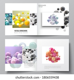 Diseño vectorial de dos portadas para folletos biplios cuadrados, volante, revista, diseño de portada, diseño de libros. Resumen vector de fondo futurista con esferas 3d coloridas, burbujas lacrimógenas, bolas.
