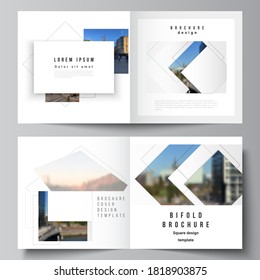 Vector layout of two covers templates with geometric simple shapes, lines and photo place for square design bifold brochure, flyer, magazine, cover design, book, brochure cover.