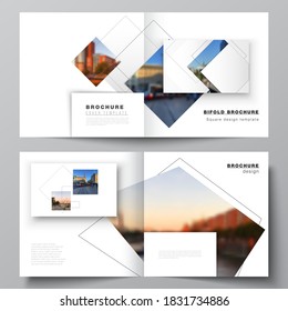 Disposición vectorial de dos plantillas de portadas con formas geométricas simples, líneas y lugar de fotografía para el diseño cuadrado de biplicidad, volante, revista, diseño de portada, libro, portada de folleto.