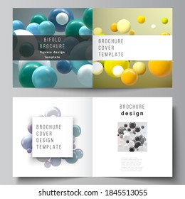 Vector layout of two covers templates for square bifold brochure, flyer, magazine, cover design, book design. Abstract vector futuristic background with colorful 3d spheres, glossy bubbles, balls.