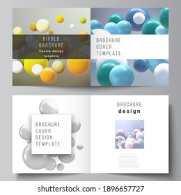 Vector layout of two covers templates for square bifold brochure, flyer, magazine, cover design, book design, brochure cover. Realistic vector background with multicolored 3d spheres, bubbles, balls.