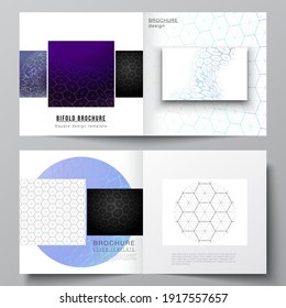 Vector layout of two covers templates for square design bifold brochure, flyer. Digital technology and big data concept with hexagons, connecting dots and lines, polygonal science medical background.