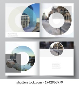 Vector layout of two covers templates for square bifold brochure, flyer, magazine, cover design, book design, brochure cover. Background template with rounds, circles for IT, technology. Minimal style