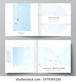 Vector layout of two covers templates for square bifold brochure, flyer, magazine, cover design, book design, brochure cover. Blue medical background with connecting lines and dots, plexus.