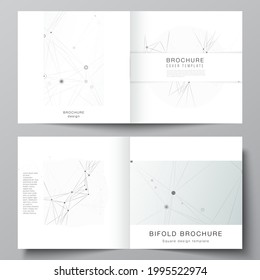 Vector layout of two covers templates for square bifold brochure, flyer, magazine, cover design, book design, brochure cover. Gray technology background with connecting lines and dots. Network concept