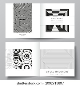 The vector layout of two covers templates for square design bifold brochure, magazine, flyer, booklet. Trendy geometric abstract background in minimalistic flat style with dynamic composition.