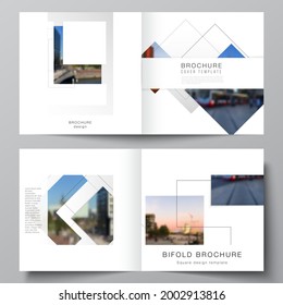Vector layout of two covers templates with geometric simple shapes, lines and photo place for square design bifold brochure, flyer, magazine, cover design, book, brochure cover.