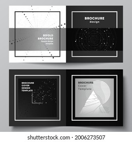 Vector layout of two covers templates for square design bifold brochure, flyer, cover design, book design. Black color technology background. Digital visualization of science, medicine, tech concept.