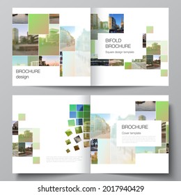 Vector layout of two covers templates for square design bifold brochure, flyer, magazine, cover design, book design, brochure cover. Abstract project with clipping mask green squares for your photo
