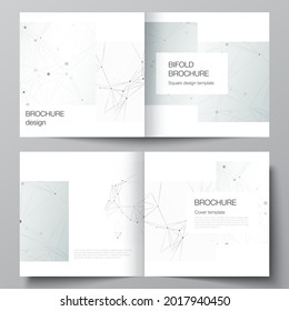 Vector layout of two covers templates for square bifold brochure, flyer, magazine, cover design, book design, brochure cover. Gray technology background with connecting lines and dots. Network concept