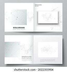 Vector layout of two covers templates for square bifold brochure, flyer, magazine, cover design, book design, brochure cover. Gray technology background with connecting lines and dots. Network concept