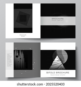 Vector layout of two covers templates for square design bifold brochure, flyer, cover design, book design. Black color technology background. Digital visualization of science, medicine, tech concept.