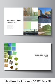 Vector layout of two creative business cards design templates, horizontal template vector design. Abstract project with clipping mask green squares for your photo.