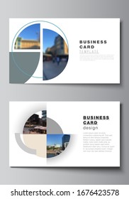 Vector layout of two creative business cards design templates, horizontal template vector design. Background with abstract circle round banners. Corporate business concept template.
