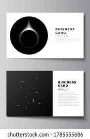 Vector layout of two creative business cards design templates, horizontal template vector design. Tech science future background, space design astronomy concept.
