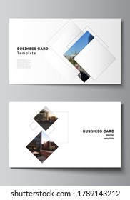 Vector layout of two creative business cards design templates, horizontal template vector design with geometric simple shapes, lines and photo place.