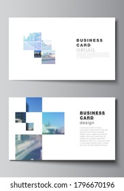 Vector layout of two creative business cards design templates, horizontal template vector design. Abstract design project in geometric style with blue squares.