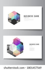 Vector layout of two creative business cards design templates, horizontal template vector design with colorful hexagons, geometric shapes for tech background.