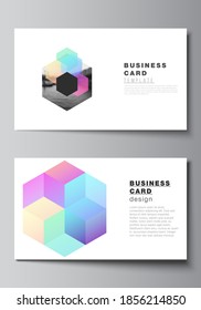 Vector layout of two creative business cards design templates, horizontal template vector design with colorful hexagons, geometric shapes for tech background.