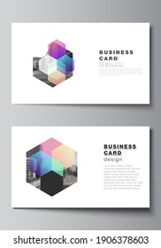 Vector layout of two creative business cards design templates, horizontal template vector design with abstract shapes and colors.