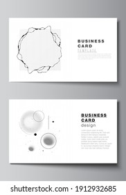 Vector layout of two creative business cards design templates, horizontal template vector design. Abstract technology black color science background. Digital data. Minimalist high tech concept.