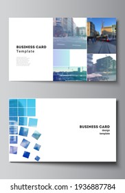 Vector layout of two creative business cards design templates, horizontal template vector design. Abstract design project in geometric style with blue squares.