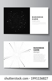 Vector layout of two creative business cards design templates, horizontal template vector design. Black color technology background. Digital visualization of science, medicine, technology concept.