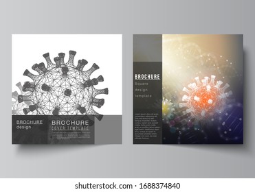 Vector Layout Of Two Square Cover Templates For Brochure, Magazine, Cover Design, Book Design, Brochure Cover. 3d Medical Background Of Corona Virus. Covid 19, Coronavirus Infection. Virus Concept.