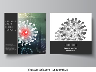 Vector layout of two square cover templates for brochure, magazine, cover design, book design, brochure cover. 3d medical background of corona virus. Covid 19, coronavirus infection. Virus concept.