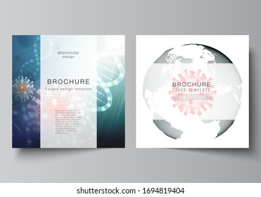 Vector layout of two square cover templates for brochure, magazine, cover design, book design, brochure cover. 3d medical background of corona virus. Covid 19, coronavirus infection. Virus concept.