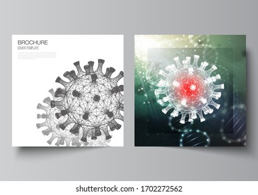 Vector layout of two square cover templates for brochure, magazine, cover design, book design, brochure cover. 3d medical background of corona virus. Covid 19, coronavirus infection. Virus concept.