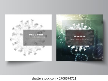 Vector layout of two square cover templates for brochure, magazine, cover design, book design, brochure cover. 3d medical background of corona virus. Covid 19, coronavirus infection. Virus concept.