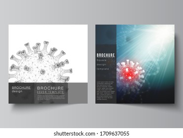 Vector layout of two square cover templates for brochure, magazine, cover design, book design, brochure cover. 3d medical background of corona virus. Covid 19, coronavirus infection. Virus concept.