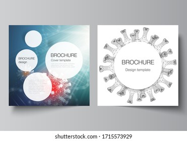 Vector Layout Of Two Square Cover Templates For Brochure, Magazine, Cover Design, Book Design, Brochure Cover. 3d Medical Background Of Corona Virus. Covid 19, Coronavirus Infection. Virus Concept.