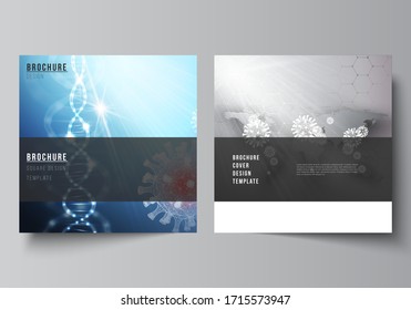 Vector Layout Of Two Square Cover Templates For Brochure, Magazine, Cover Design, Book Design, Brochure Cover. 3d Medical Background Of Corona Virus. Covid 19, Coronavirus Infection. Virus Concept.