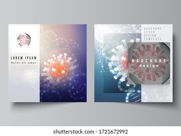 Vector layout of two square cover templates for brochure, magazine, cover design, book design, brochure cover. 3d medical background of corona virus. Covid 19, coronavirus infection. Virus concept.