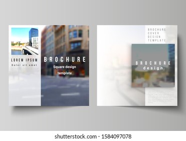 Vector layout of two square covers design templates for brochure, flyer, magazine, cover design, book design, brochure cover. Abstract halftone effect decoration with dots. Dotted pattern decoration.